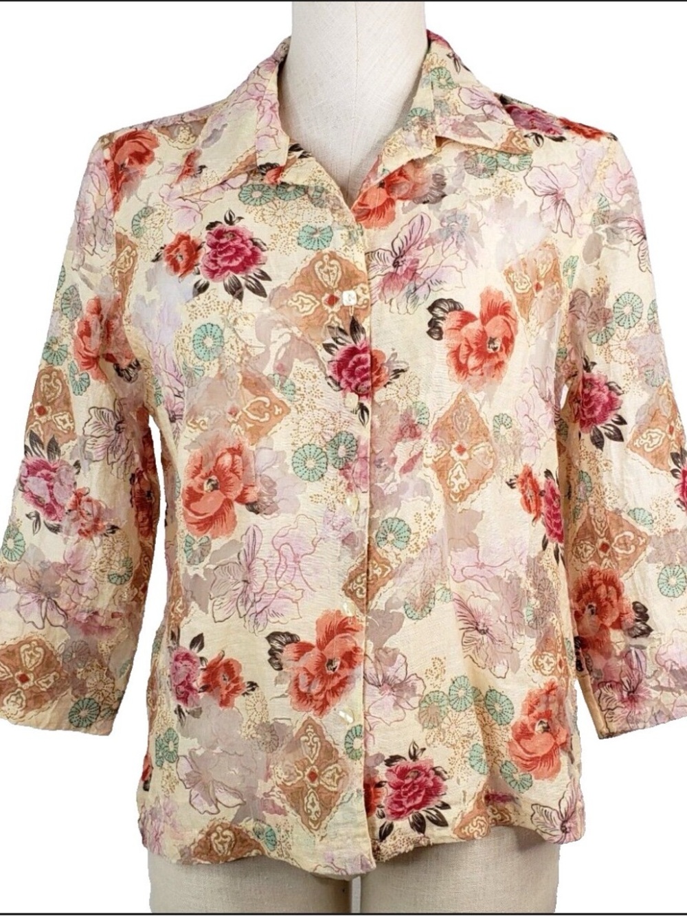 Coldwater Creek Floral Button-Up Blouse - Peach Pink Green. Sz. Small.  146